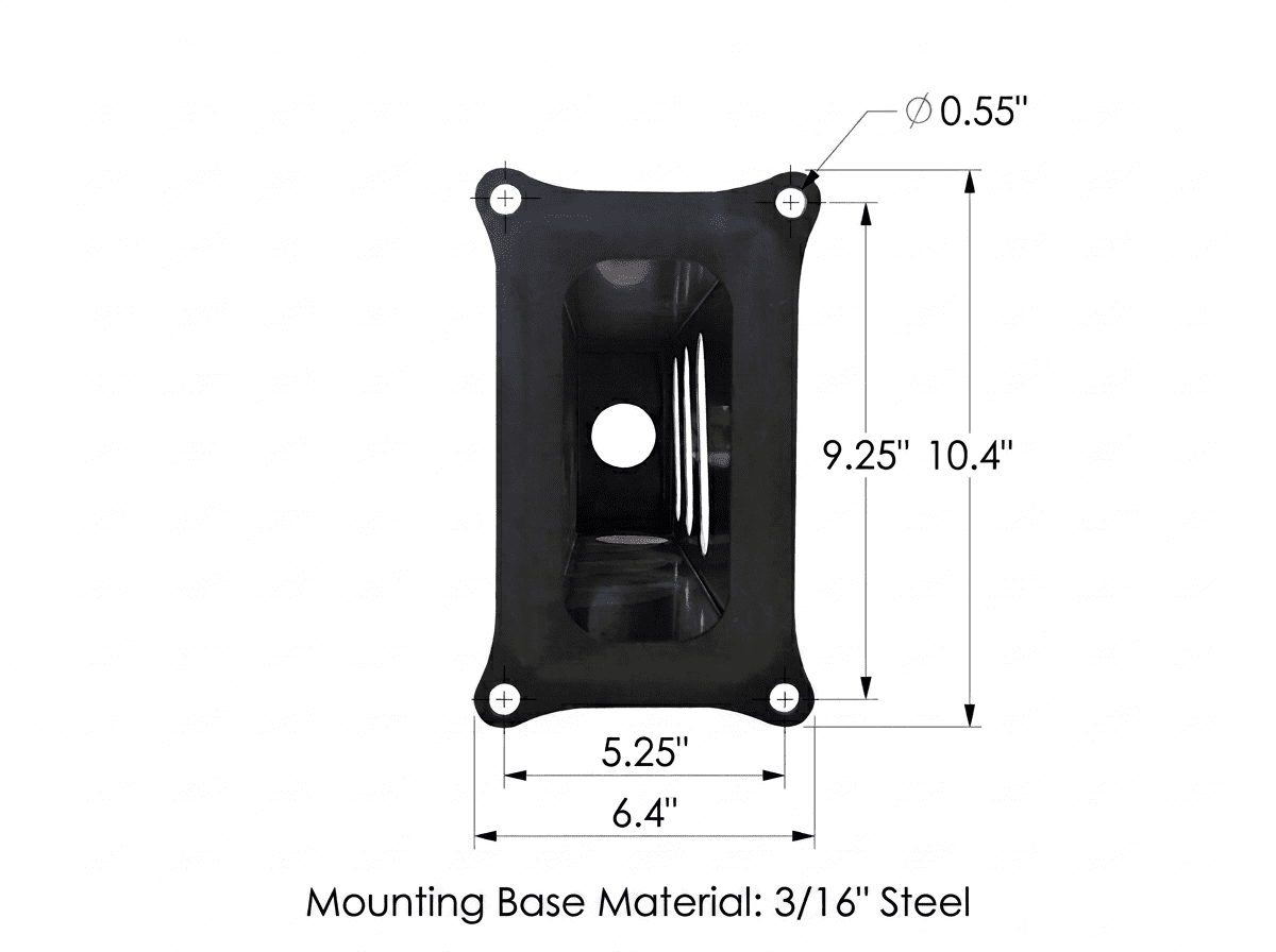 A mechanical line drawing of a light box mounting plate, 10.4 inches by 6.4 inches with four 0.55 inch mounting holes