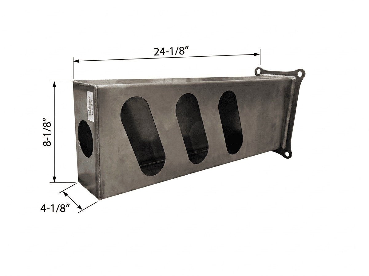 A mechanical line drawing of a left hand light box with oval holes and an overall dimension of 24-1/8" x 10-3/8" x 6-3/8"